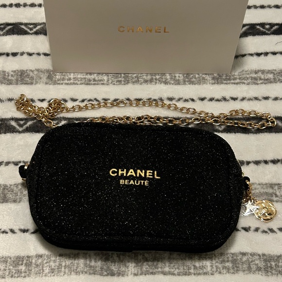 CHANEL  VIP Black Glitter Cosmetic Bag with Gold Chain - Picture 3 of 8